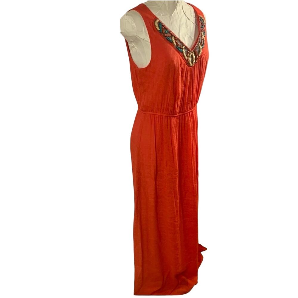 AGB Womens Orange Sleeveless Maxi Dress Size M Beaded V-Neck Elastic Waist Boho - Picture 4 of 15